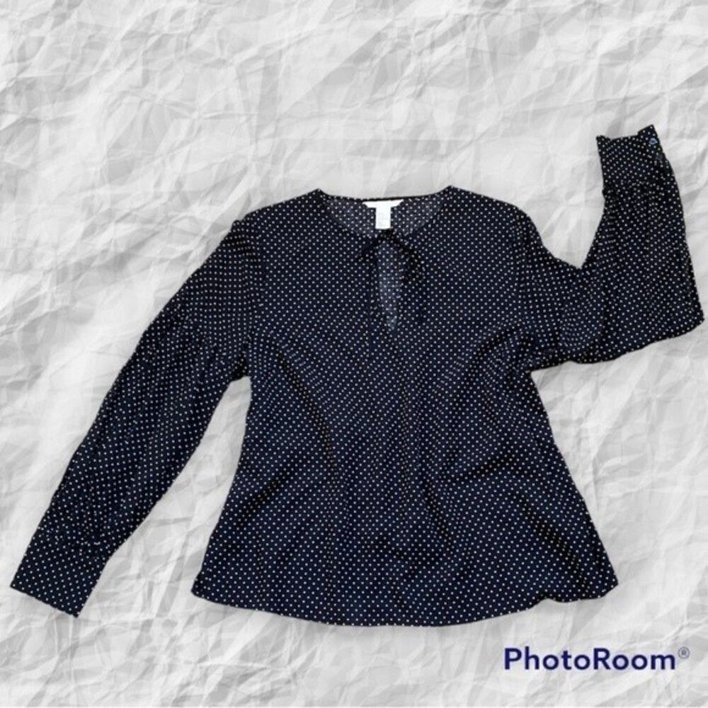 H&M Women’s Black Polka Dot Blouse Tie Neck Long Sleeve Gathered Sleeve Top - Picture 3 of 14